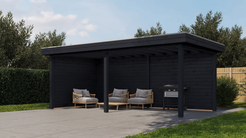 Large, rectangular black wooden gazebo. Viewed from front/right side.