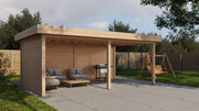 Large, rectangular wooden gazebo, viewed from front/left side. 