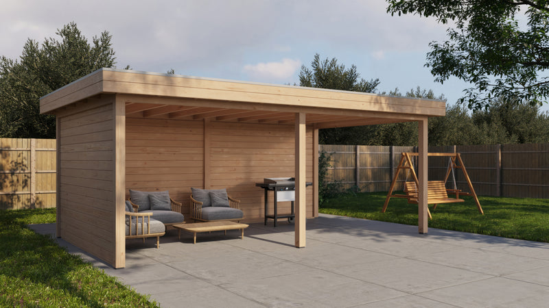 Large, rectangular wooden gazebo, viewed from front/left side. 
