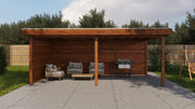 Large, recatngular brown wooden gazebo, viewed from the front. 