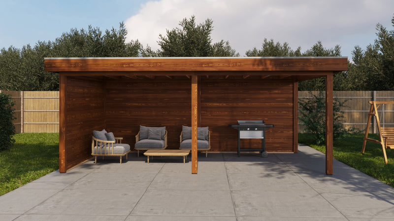 Large, recatngular brown wooden gazebo, viewed from the front. 