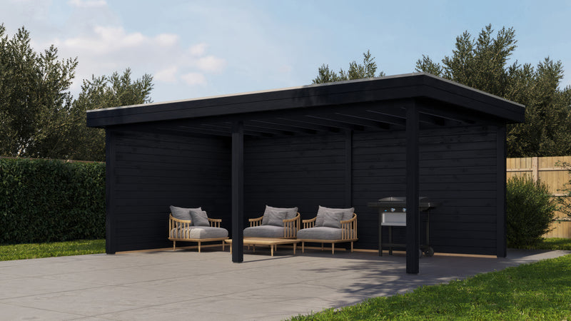 Large, rectangular black wooden gazebo. Viewed from front/right side. 