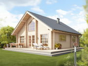 Lars two-storey residential log cabin, viewed from the front