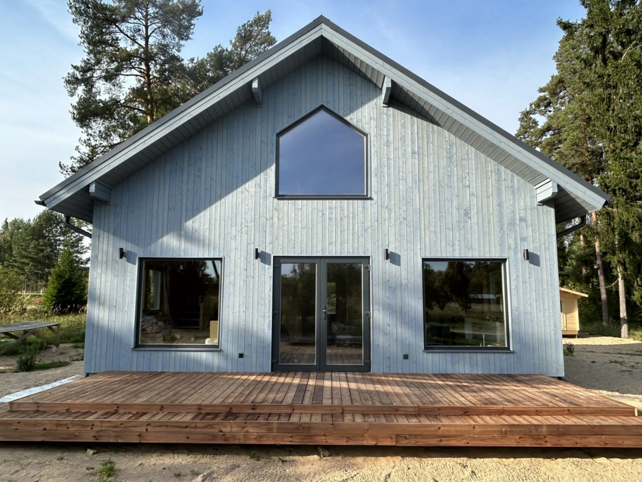 Lars two-storey residential log cabin, viewed from the front