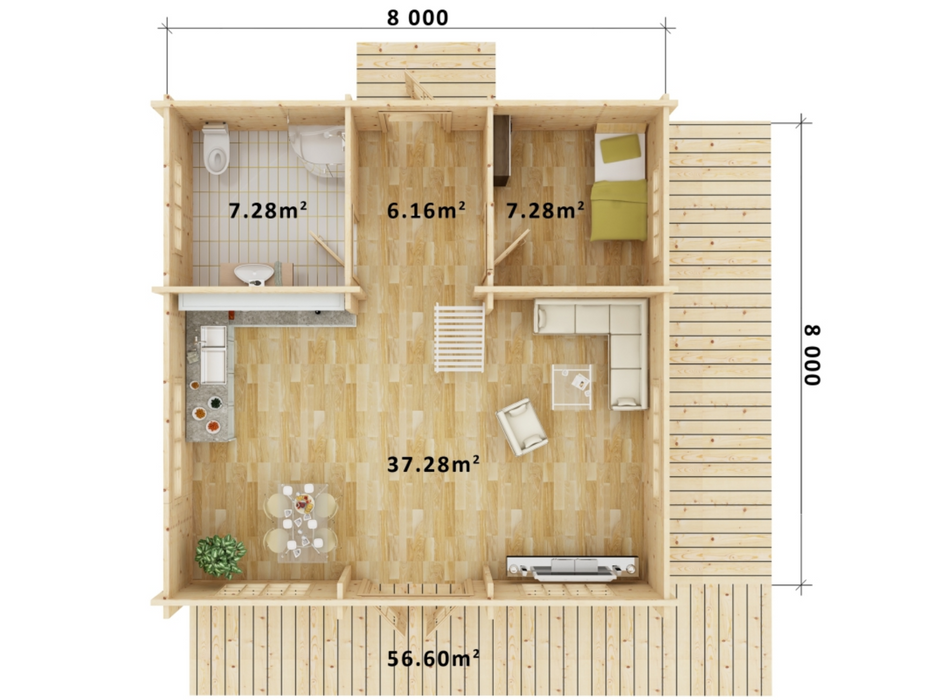 Lars two-storey residential log cabin ground floor floorplan with measurements