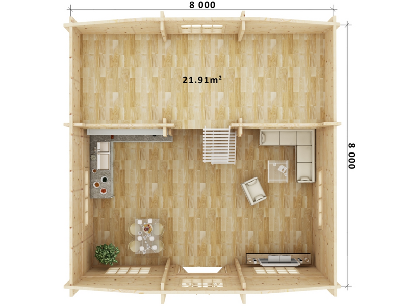 Lars two-storey residential log cabin upper floor floorplan with measurements