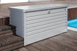 LeisureTime steel outdoor storage box in metallic quartz grey finish situated on some decking by a poolside