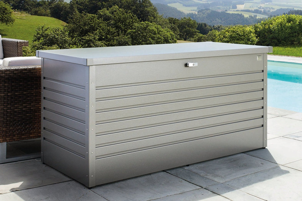 LeisureTime steel outdoor storage box in metallic quartz grey finish in a stunning landscape