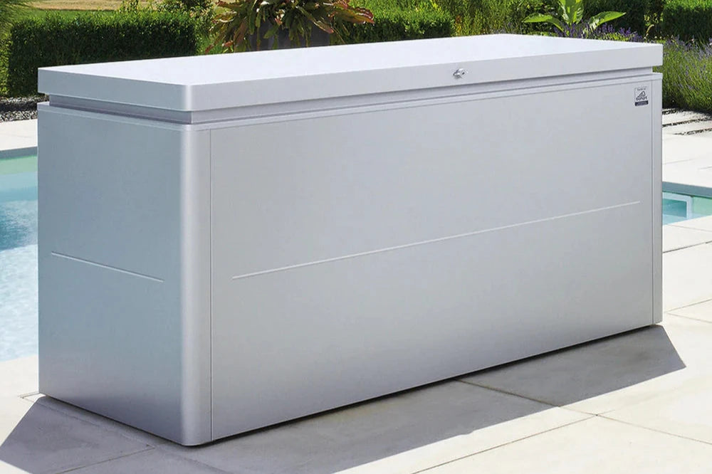 LoungeBox steel outdoor storage box in metallic silver finish