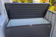 LoungeBox steel outdoor storage box in metallic dark grey finish, open to show the inside of the box