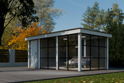 White + black summerhouse with single door, room with glass walls, storage room. Viewed from right side.
