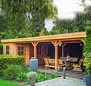 Large wooden summerhouse with single door, side windows, large canopy area. Viewed from the front/right side. 
