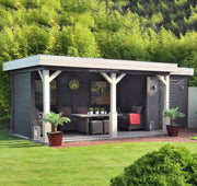 Large wooden summerhouse with canopy area on left side, single door, two front windows, viewed from the front. 