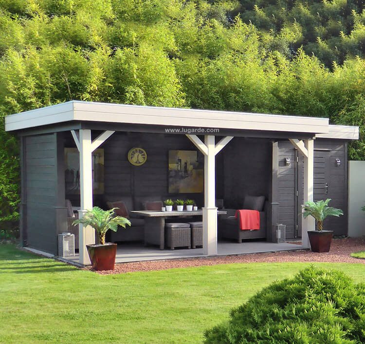 Large wooden summerhouse with canopy area on left side, single door, two front windows, viewed from the front. 