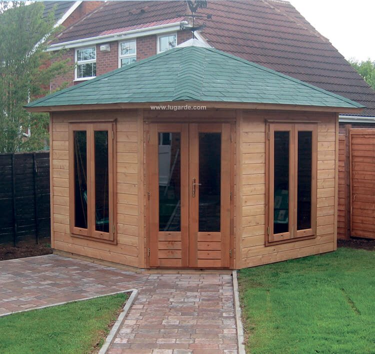Wooden, corner summerhouse with green roof tiles, doube doors, side windows, viewed from the front. 