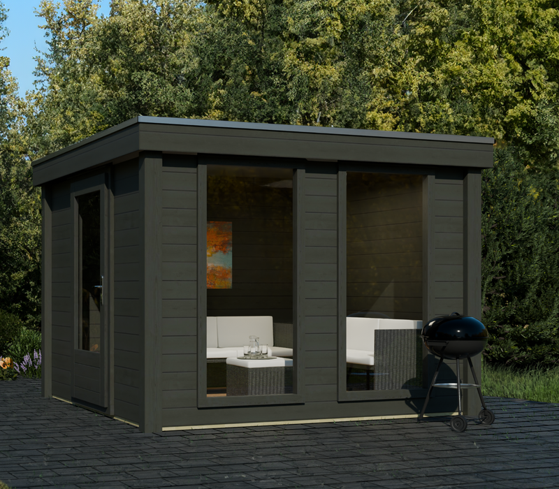 Black, square summerhouse with tall windows, single door. Viewed from rightside.