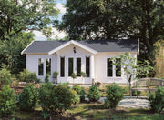 Large, white wooden log cabin with windows, double doors, apex-style roof. Viewed from the front. 
