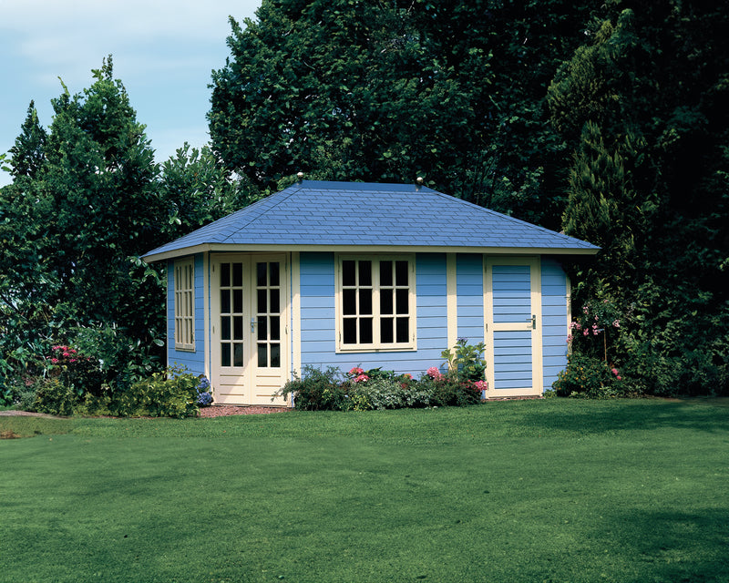 Wooden summerhouse in blue with two rooms, double doors, side windows, single door. Viewed from front. 