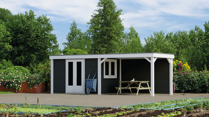 Dark grey + white summerhouse with double doors, side windows, canopy area on right side. Viewed from front/right side.