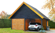 Large wooden garage with double doors, and car area. Viewed from the front. 