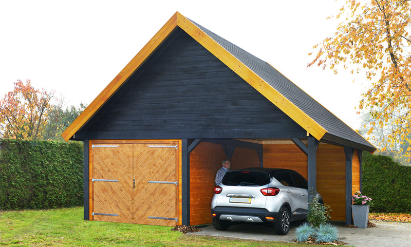 Large wooden garage with double doors, and car area. Viewed from the front. 