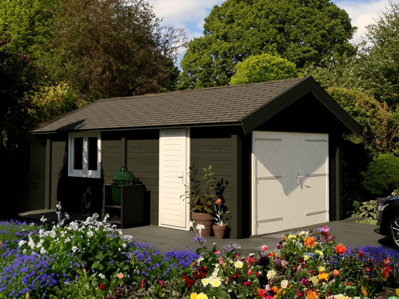 Large, black, wooden garage with white double doors, single door and window. Viewed from front/right side. 
