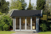Wooden summerhouse with apex-style roof, large double doors at front. Viewed from the front. 