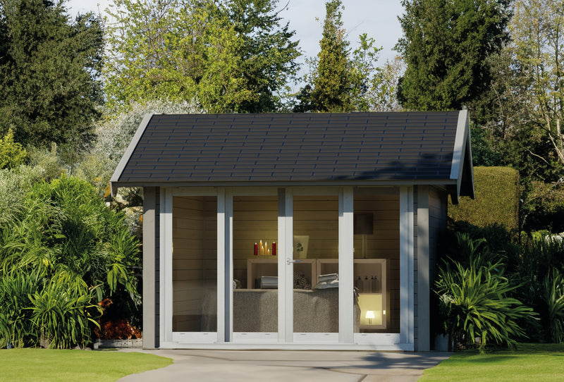 Wooden summerhouse with apex-style roof, large double doors at front. Viewed from the front. 