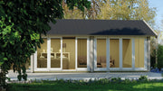 Large, wooden summerhouse with large glass sliding doors. Viewed from the front