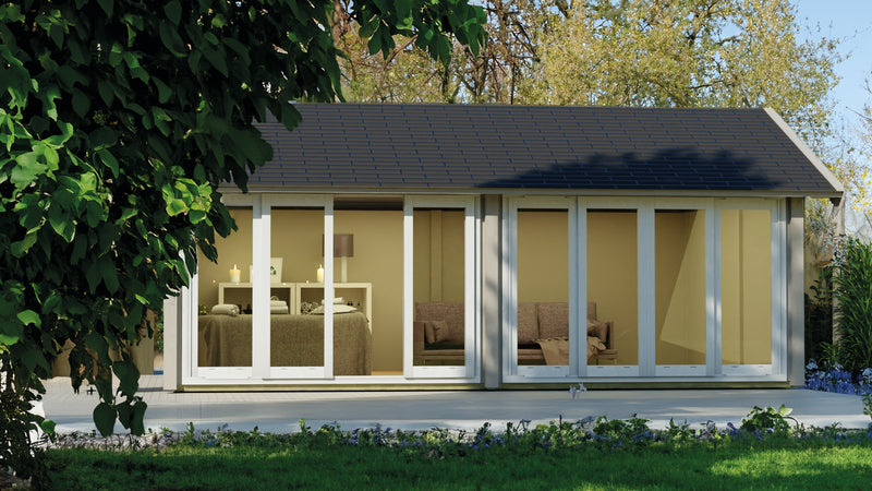 Large, wooden summerhouse with large glass sliding doors. Viewed from the front