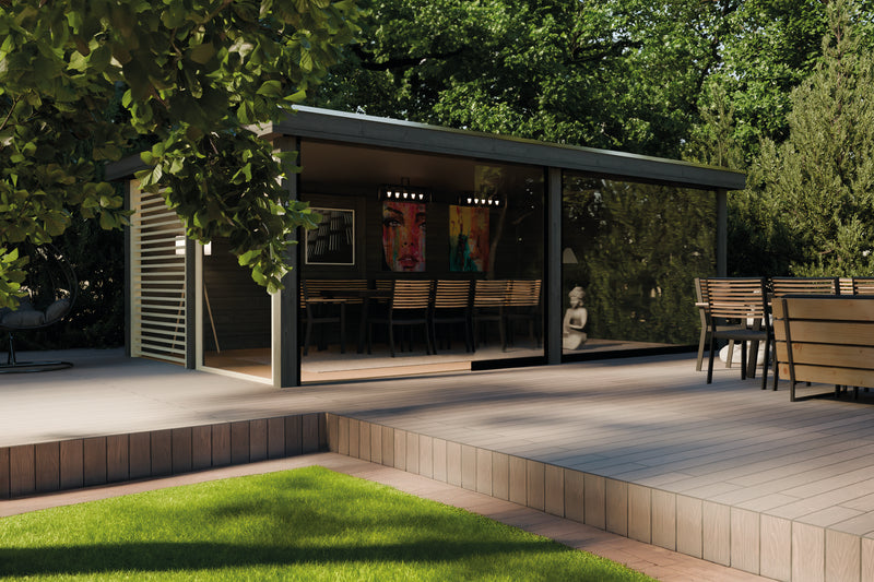 Large summerhouse with wooden + glass walls, slatted panels. Viewed from front/left side.