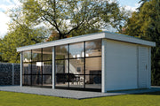 White summerhouse with two glass walls, single door. Viewed from right side. 
