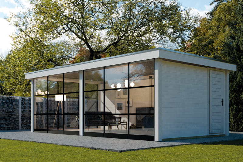 White summerhouse with two glass walls, single door. Viewed from right side. 