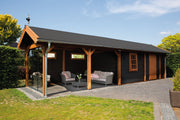 Large, black summerhouse with single door, opening window, canopy area on left side, apex-style roof. Viewed from front/left side.