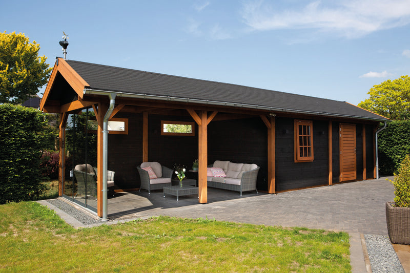 Large, black summerhouse with single door, opening window, canopy area on left side, apex-style roof. Viewed from front/left side.