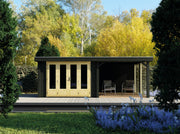 Large wooden summerhouse with double doors, canopy area on right side. Viewed from the front. 