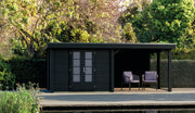 Black, wooden summerhouse with double doors, canopy area on right side. Viewed from the right side. 