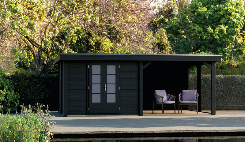 Black, wooden summerhouse with double doors, canopy area on right side. Viewed from the right side. 
