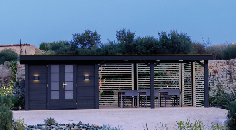 Large, black summerhouse with double doors, canopy area on right side with slatted panels. Viewed from the front. 