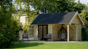 Wooden summerhouse with glass double doors, canopy area on right side. Viewed from front/right side. 