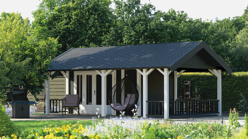 Large summerhouse with apex-style roof, wrap around front + side canopy, double doors. Viewed from front/right side.