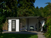 White + black wooden summerhouse with single door, canopy area on right side. Viewed from front.