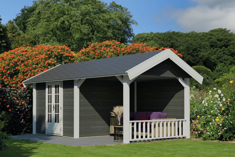 Wooden summerhouse with apex-style roof, white double doors, canopy area on right side. Viewed from right side. 