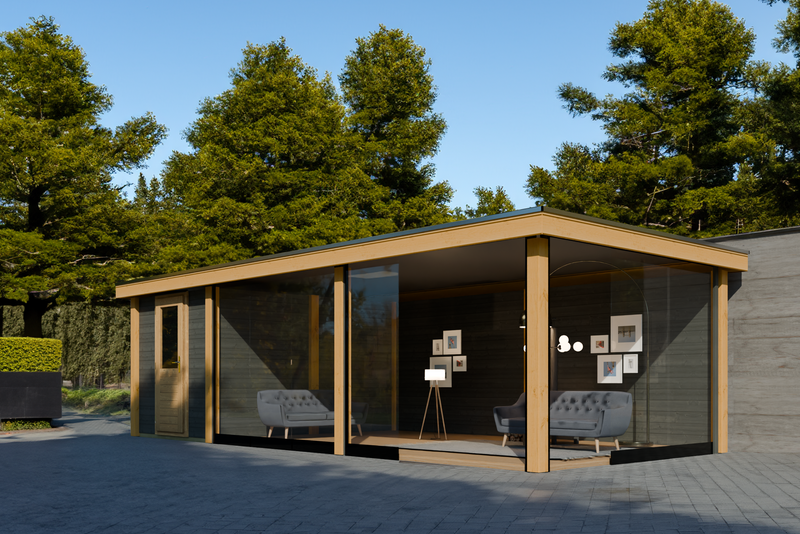 Large, wooden summerhouse with single door, canopy on right side enclosed by glass sliding walls. Viewed from right side.