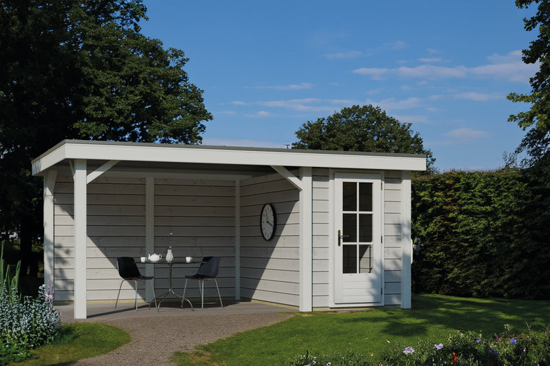 Wooden summerhouse with single door, canopy area on left side. Viewed from the front. 
