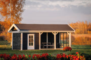 Large wooden summerhouse with single door, large canopy area with side windows, viewed from the front. 