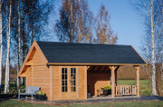 Large wooden summerhouse with double doors, patio area, viewed from the front/left side. 