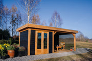 Large, black wooden summerhouse with double doors, canopy area on right side with slatted panels wall. Viewed from front/left side.