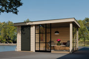 Wooden summerhouse with single door, canopy area on right side. Viewed from the front. 