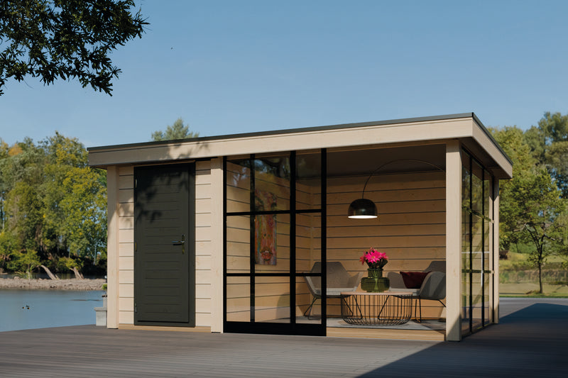 Wooden summerhouse with single door, canopy area on right side. Viewed from the front. 